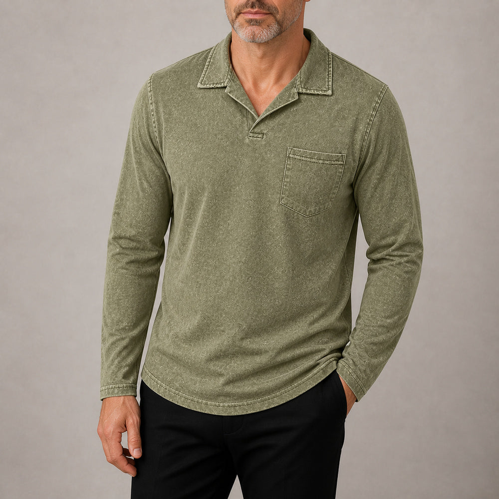 Marlow men's vintage-wash long-sleeve pocket polo shirt in Army Green, cropped try-on view