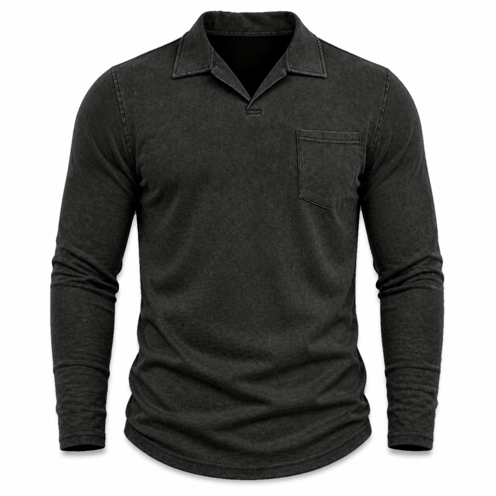 Marlow men's vintage-wash long-sleeve pocket polo shirt in Black, model-free front view