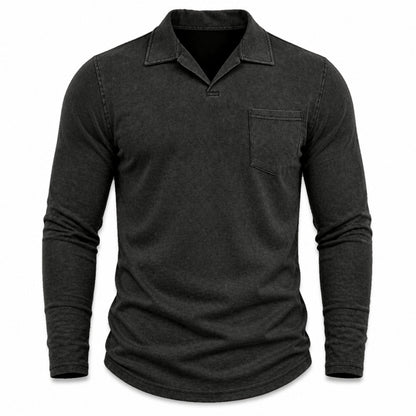 Marlow men's vintage-wash long-sleeve pocket polo shirt in Black, model-free front view