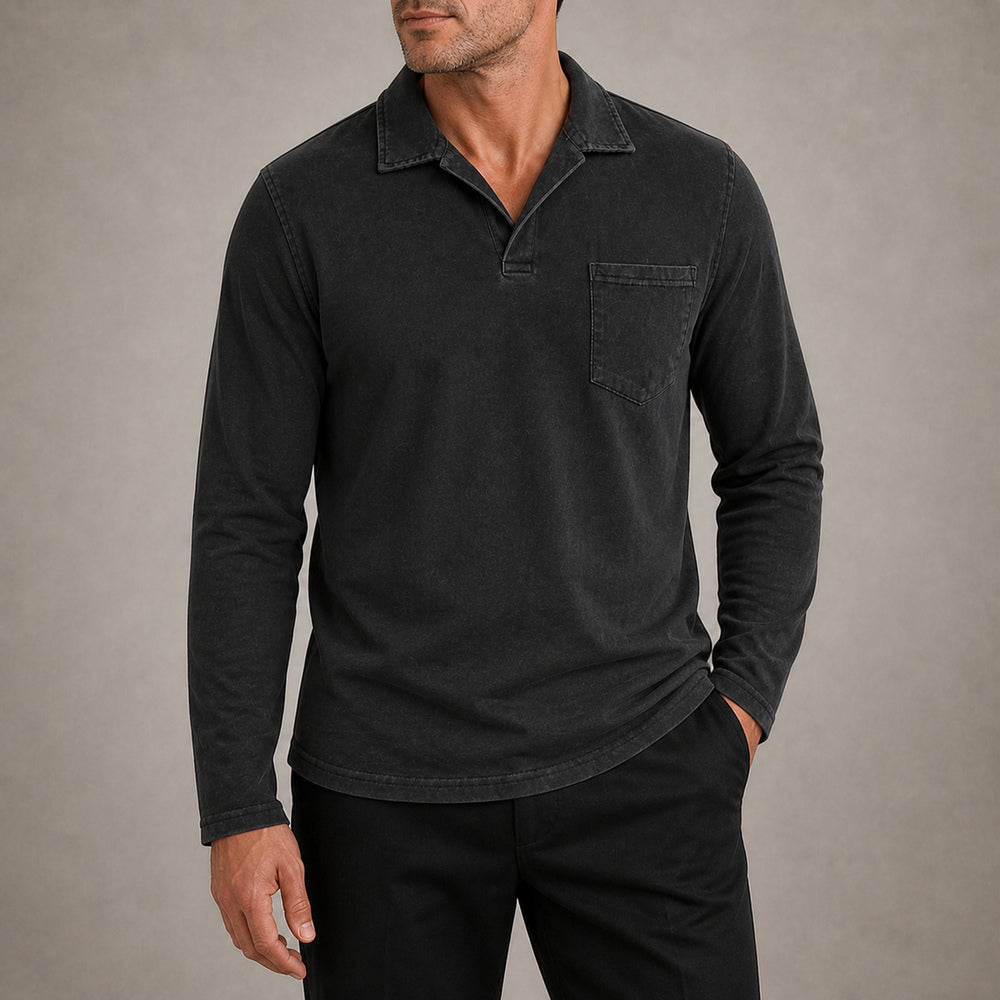 Marlow men's vintage-wash long-sleeve pocket polo shirt in Black, cropped try-on view