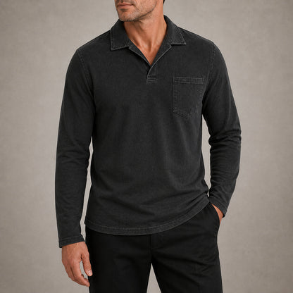 Marlow men's vintage-wash long-sleeve pocket polo shirt in Black, cropped try-on view