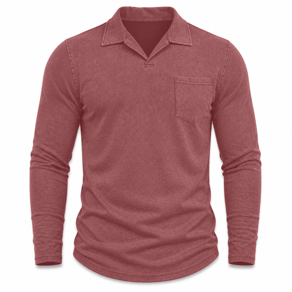 Marlow men's vintage-wash long-sleeve pocket polo shirt in Burgundy, model-free front view