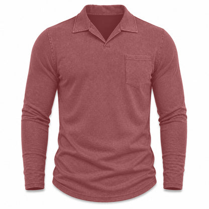 Marlow men's vintage-wash long-sleeve pocket polo shirt in Burgundy, model-free front view