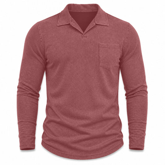 Marlow men's vintage-wash long-sleeve pocket polo shirt in Burgundy, model-free front view