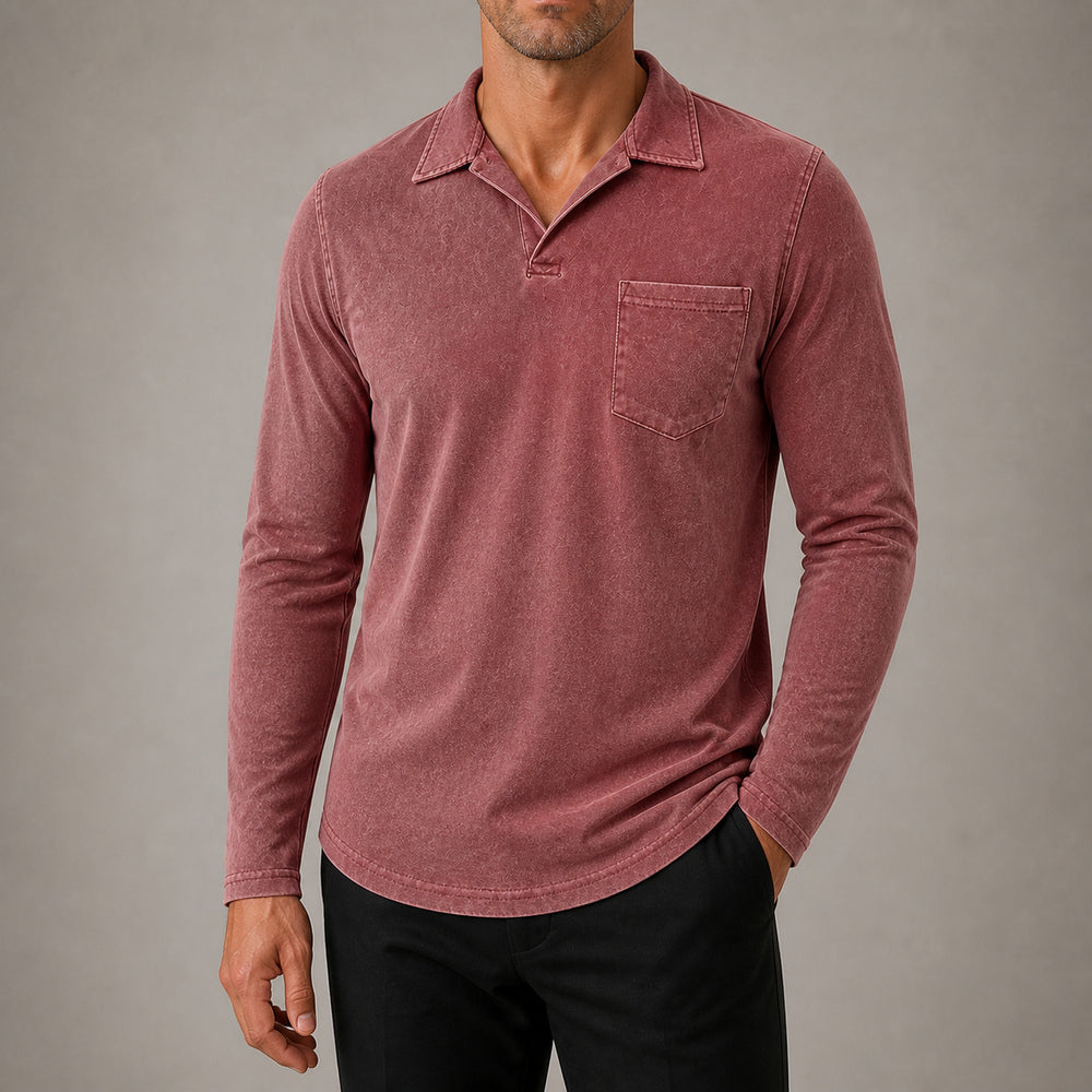 Marlow men's vintage-wash long-sleeve pocket polo shirt in Burgundy, cropped try-on view