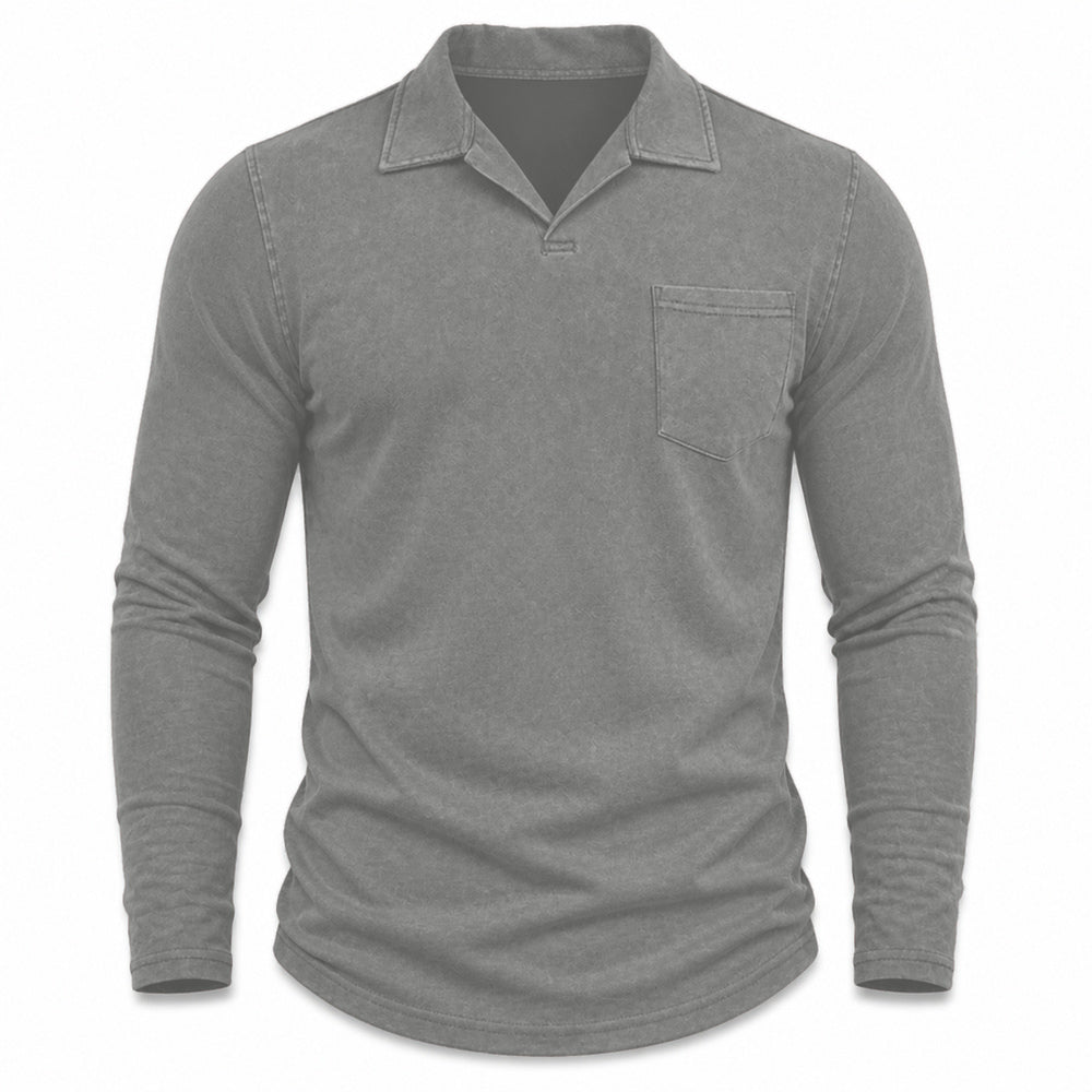 Marlow men's vintage-wash long-sleeve pocket polo shirt in Dark Gray, model-free front view