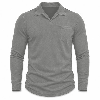 Marlow men's vintage-wash long-sleeve pocket polo shirt in Dark Gray, model-free front view