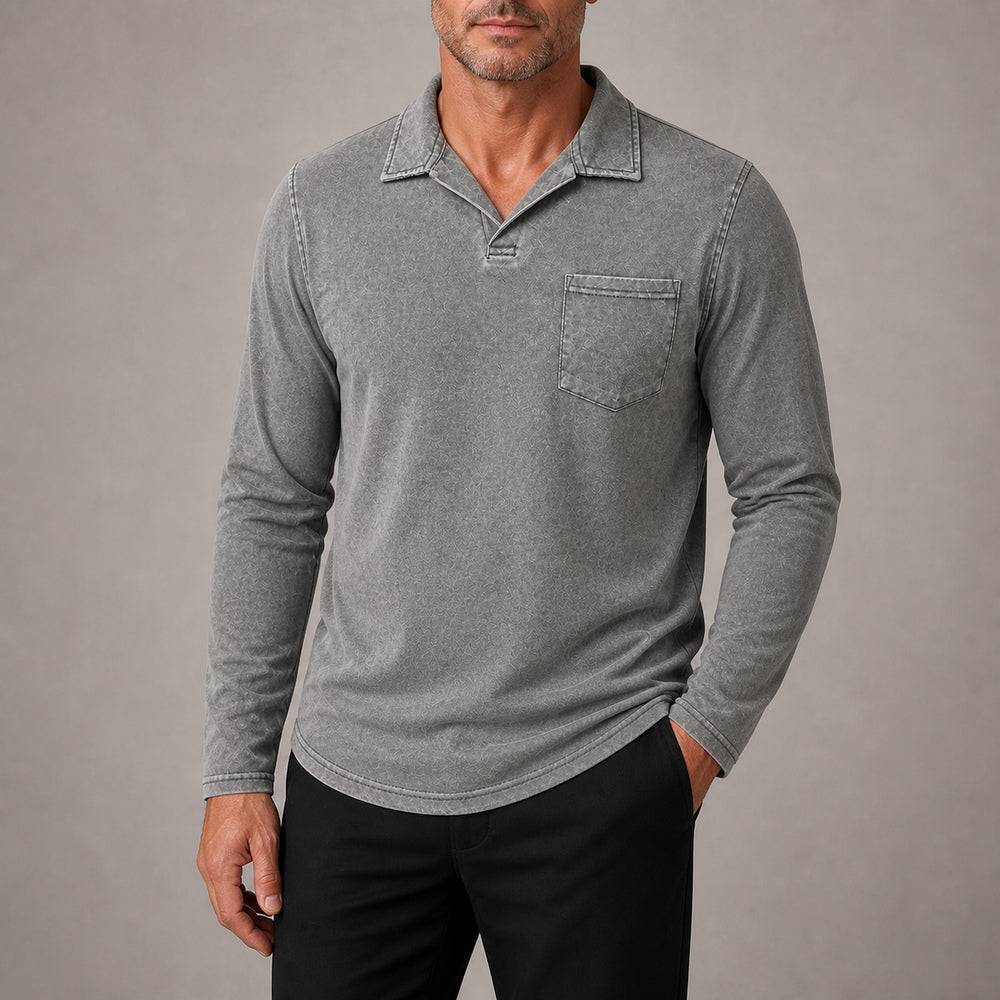 Marlow men's vintage-wash long-sleeve pocket polo shirt in Dark Gray, cropped try-on view