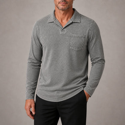 Marlow men's vintage-wash long-sleeve pocket polo shirt in Dark Gray, cropped try-on view