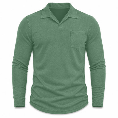 Marlow men's vintage-wash long-sleeve pocket polo shirt in Forest Green, model-free front view