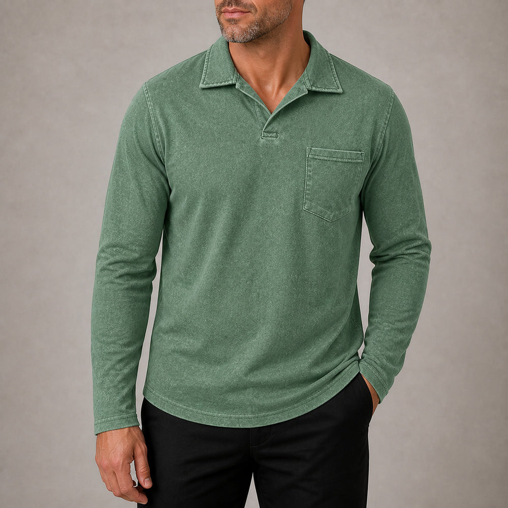 Marlow men's vintage-wash long-sleeve pocket polo shirt in Forest Green, cropped try-on view