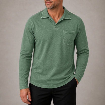 Marlow men's vintage-wash long-sleeve pocket polo shirt in Forest Green, cropped try-on view