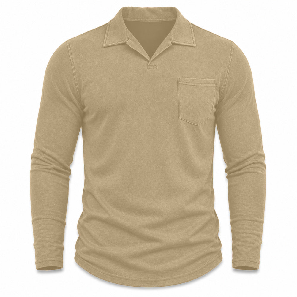 Marlow men's vintage-wash long-sleeve pocket polo shirt in Khaki, model-free front view