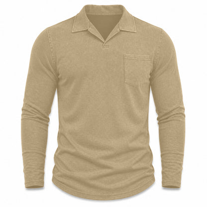 Marlow men's vintage-wash long-sleeve pocket polo shirt in Khaki, model-free front view