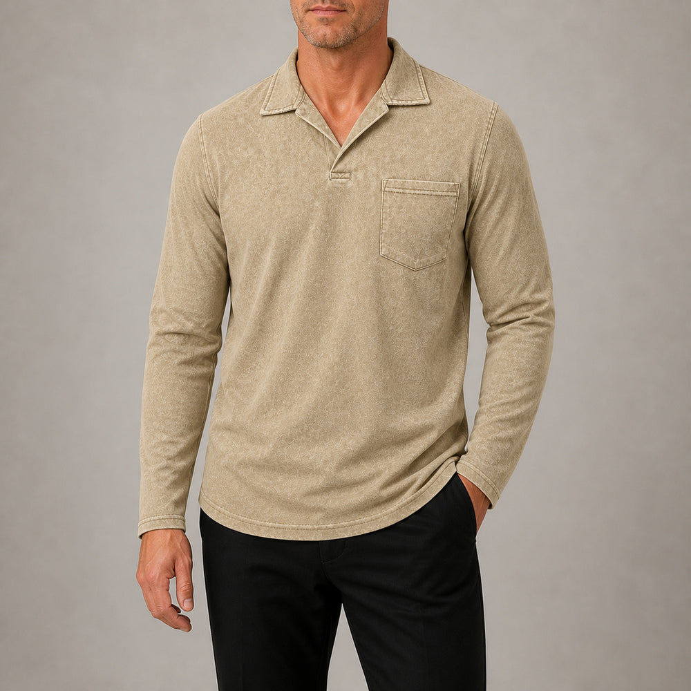 Marlow men's vintage-wash long-sleeve pocket polo shirt in Khaki, cropped try-on view