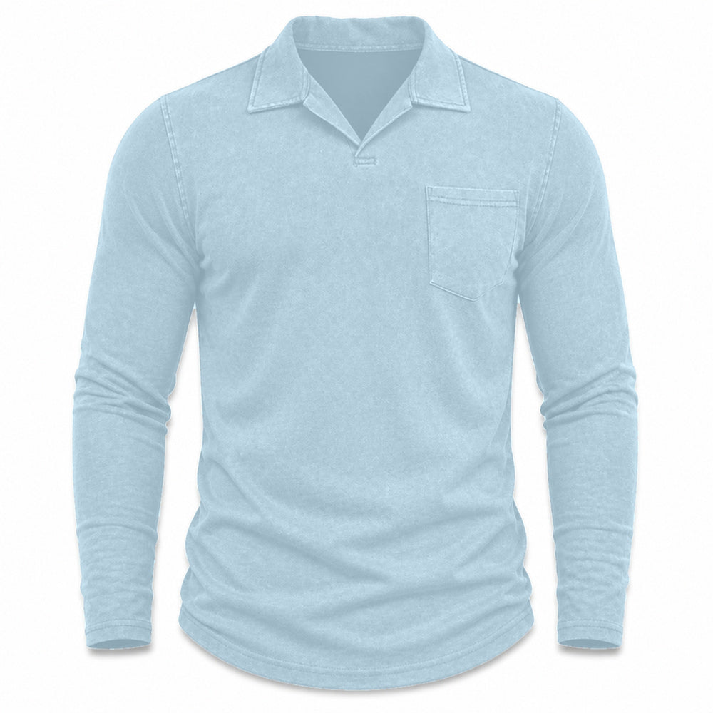 Marlow men's vintage-wash long-sleeve pocket polo shirt in Light Blue, model-free front view