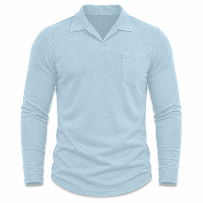 Marlow men's vintage-wash long-sleeve pocket polo shirt in Light Blue, model-free front view