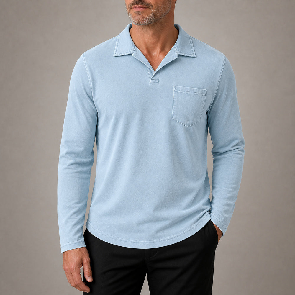 Marlow men's vintage-wash long-sleeve pocket polo shirt in Light Blue, cropped try-on view