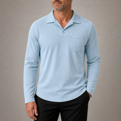 Marlow men's vintage-wash long-sleeve pocket polo shirt in Light Blue, cropped try-on view