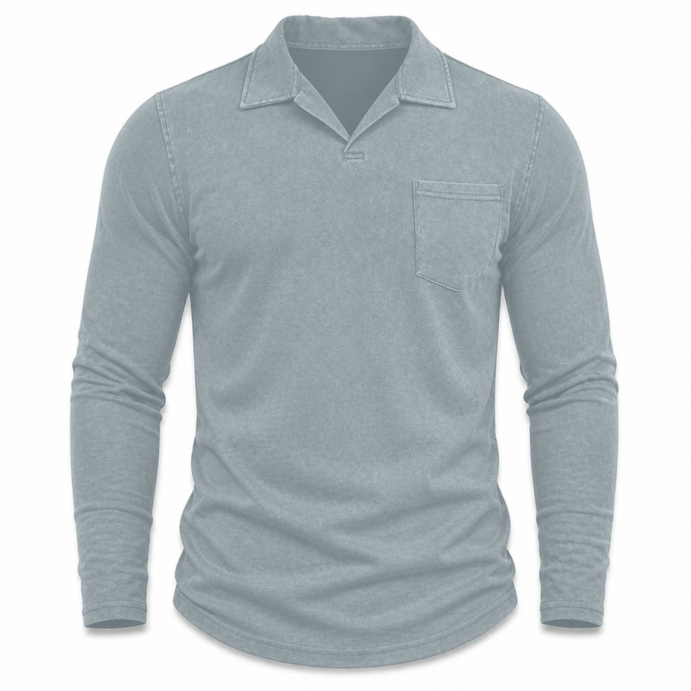Marlow men's vintage-wash long-sleeve pocket polo shirt in Light Gray, model-free front view