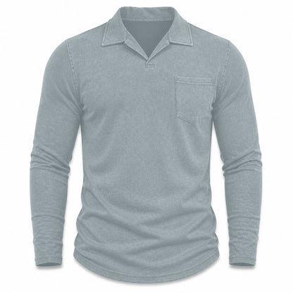 Marlow men's vintage-wash long-sleeve pocket polo shirt in Light Gray, model-free front view