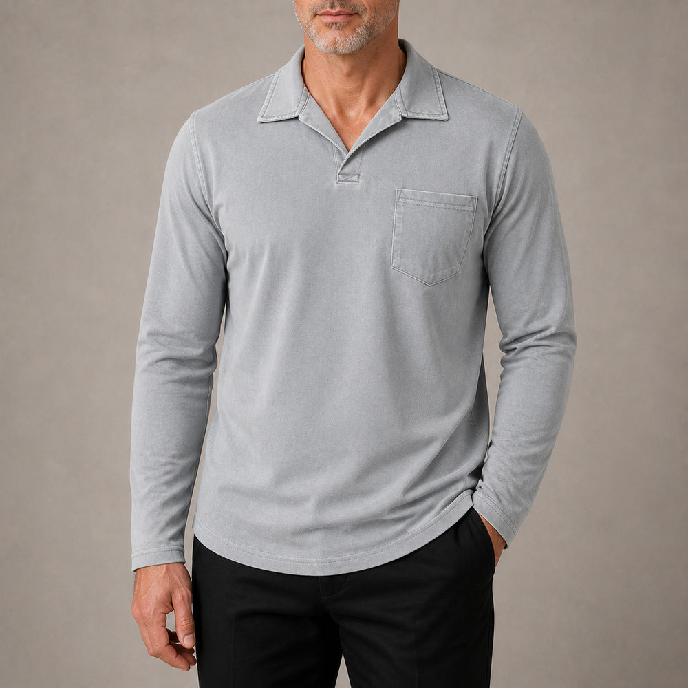 Marlow men's vintage-wash long-sleeve pocket polo shirt in Light Gray, cropped try-on view