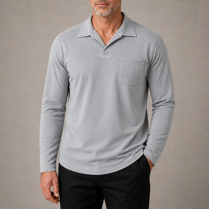 Marlow men's vintage-wash long-sleeve pocket polo shirt in Light Gray, cropped try-on view