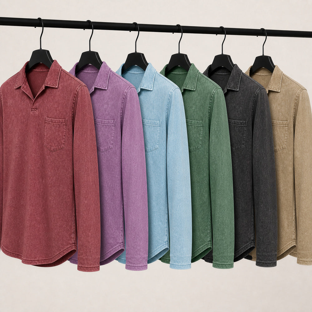 Marlow men's vintage-wash long-sleeve pocket polo shirt in six colors on an orderly clothing rail