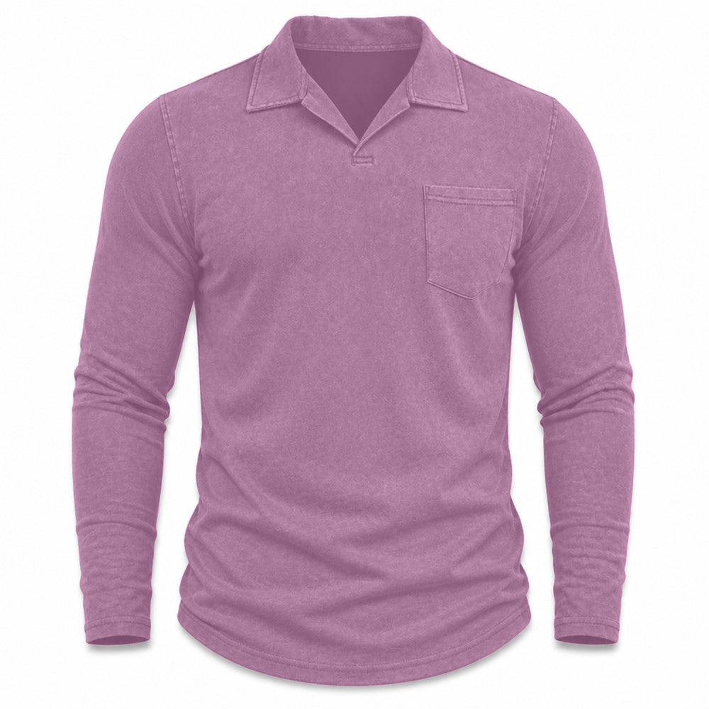 Marlow men's vintage-wash long-sleeve pocket polo shirt in Violet, model-free front view