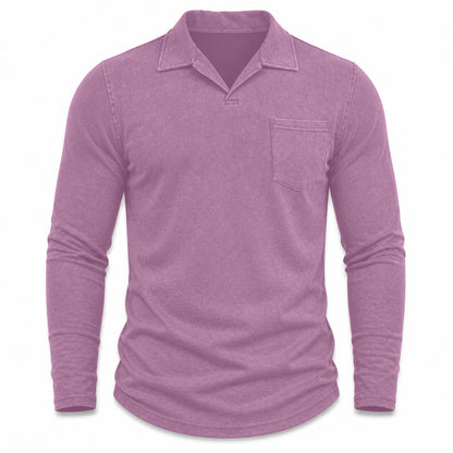 Marlow men's vintage-wash long-sleeve pocket polo shirt in Violet, model-free front view