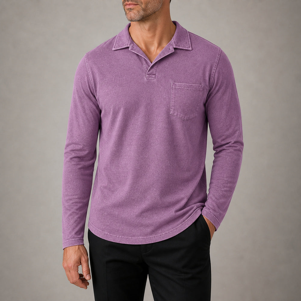 Marlow men's vintage-wash long-sleeve pocket polo shirt in Violet, cropped try-on view