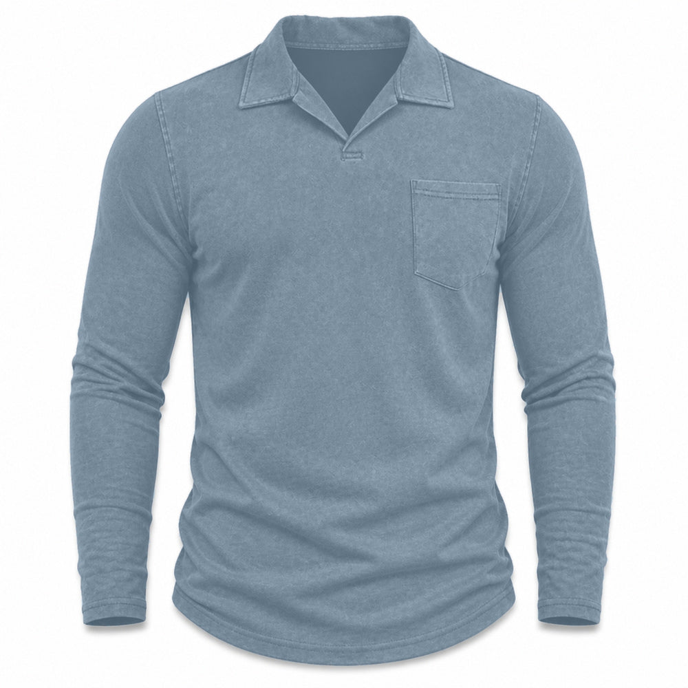 Marlow men's vintage-wash long-sleeve pocket polo shirt in Washed Navy, model-free front view