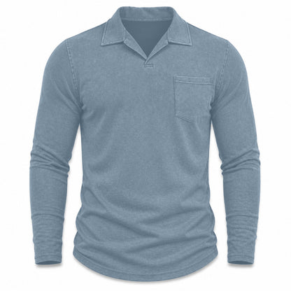 Marlow men's vintage-wash long-sleeve pocket polo shirt in Washed Navy, model-free front view