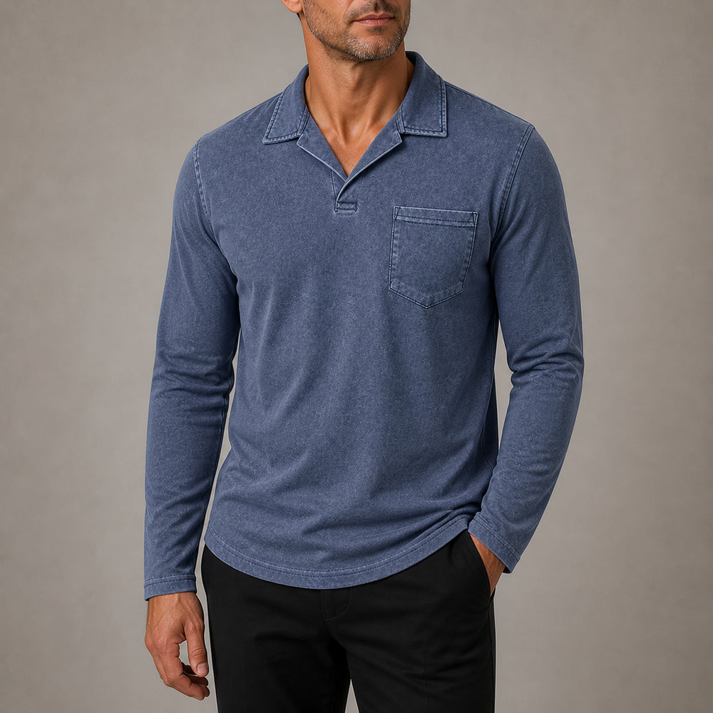 Marlow men's vintage-wash long-sleeve pocket polo shirt in Washed Navy, cropped try-on view