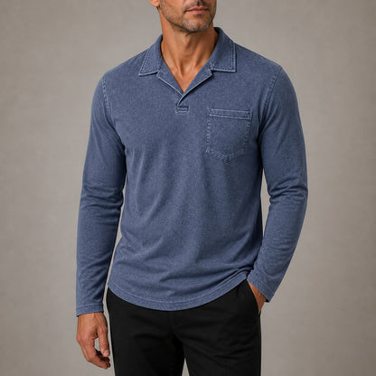 Marlow men's vintage-wash long-sleeve pocket polo shirt in Washed Navy, cropped try-on view
