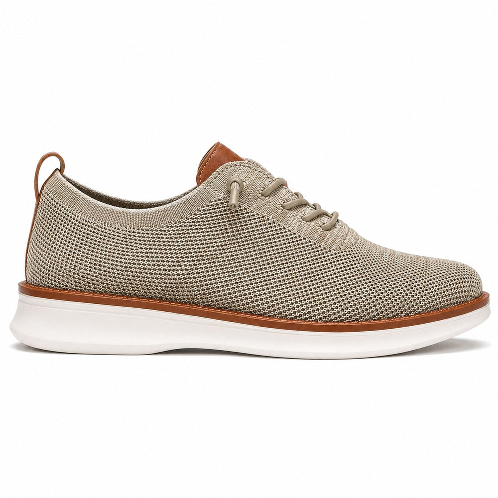 Men's breathable knit dress sneakers, beige upper with white sole, side view