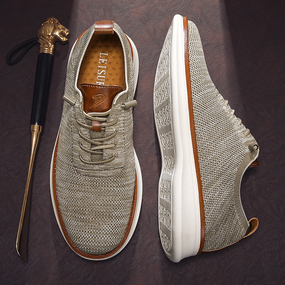 Men's breathable knit dress sneakers, beige upper with white sole, top and outsole view