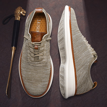 Men's breathable knit dress sneakers, beige upper with white sole, top and outsole view