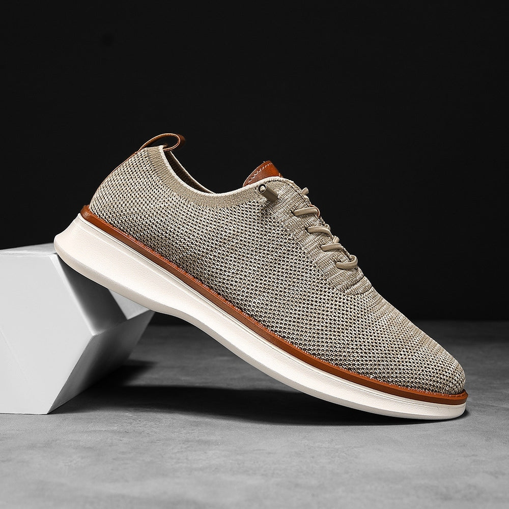 Men's breathable knit dress sneakers, beige upper with white sole, side view