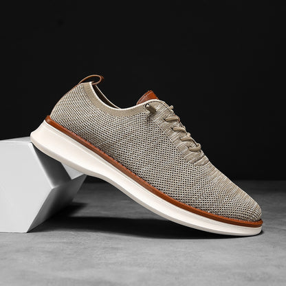 Men's breathable knit dress sneakers, beige upper with white sole, side view