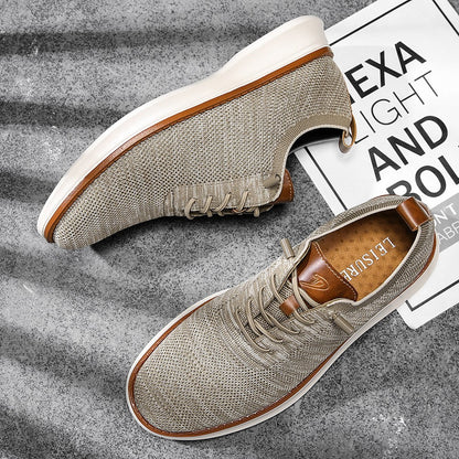 Men's breathable knit dress sneakers, beige upper with white sole, top and side view
