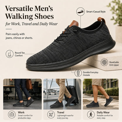 Men's breathable knit dress sneakers, black upper with black sole, product benefits infographic