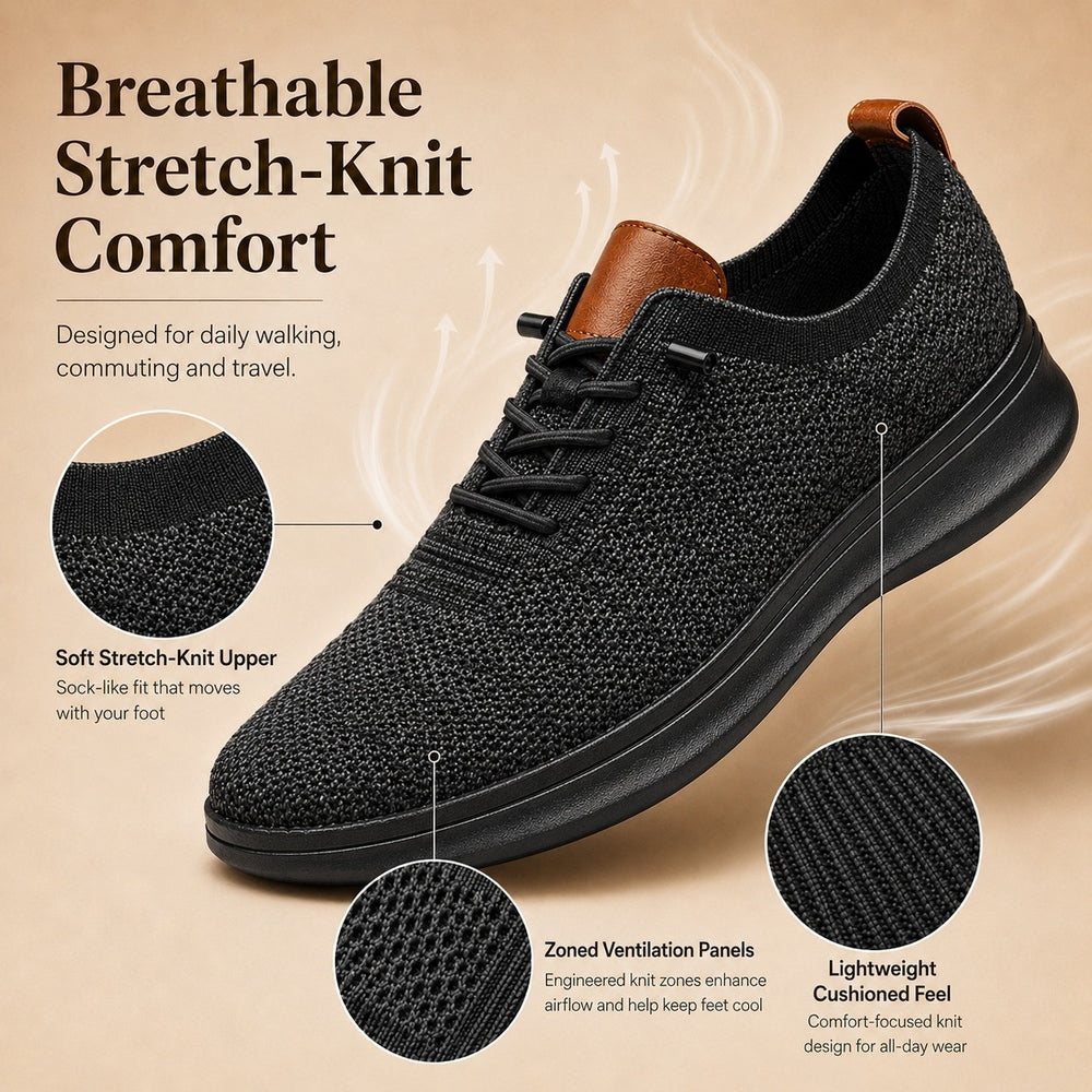 Men's breathable knit dress sneakers, black upper with black sole, breathable knit infographic