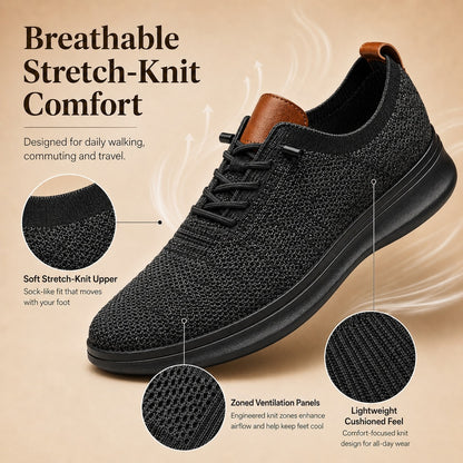 Men's breathable knit dress sneakers, black upper with black sole, breathable knit infographic