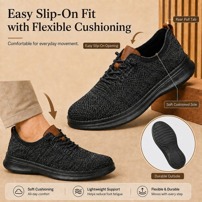 Men's breathable knit dress sneakers, black upper with black sole, slip-on fit infographic