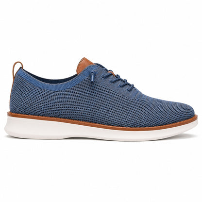 Men's breathable knit dress sneakers, blue upper with white sole, side view