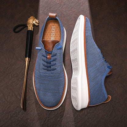 Men's breathable knit dress sneakers, blue upper with white sole, top and outsole view