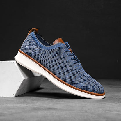 Men's breathable knit dress sneakers, blue upper with white sole, side view