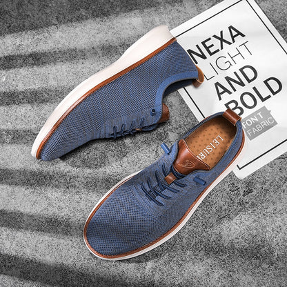 Men's breathable knit dress sneakers, blue upper with white sole, top and side view