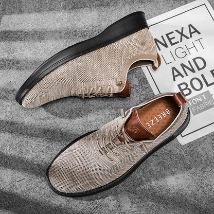 Men's breathable knit dress sneakers, cream upper with black sole, top and side view